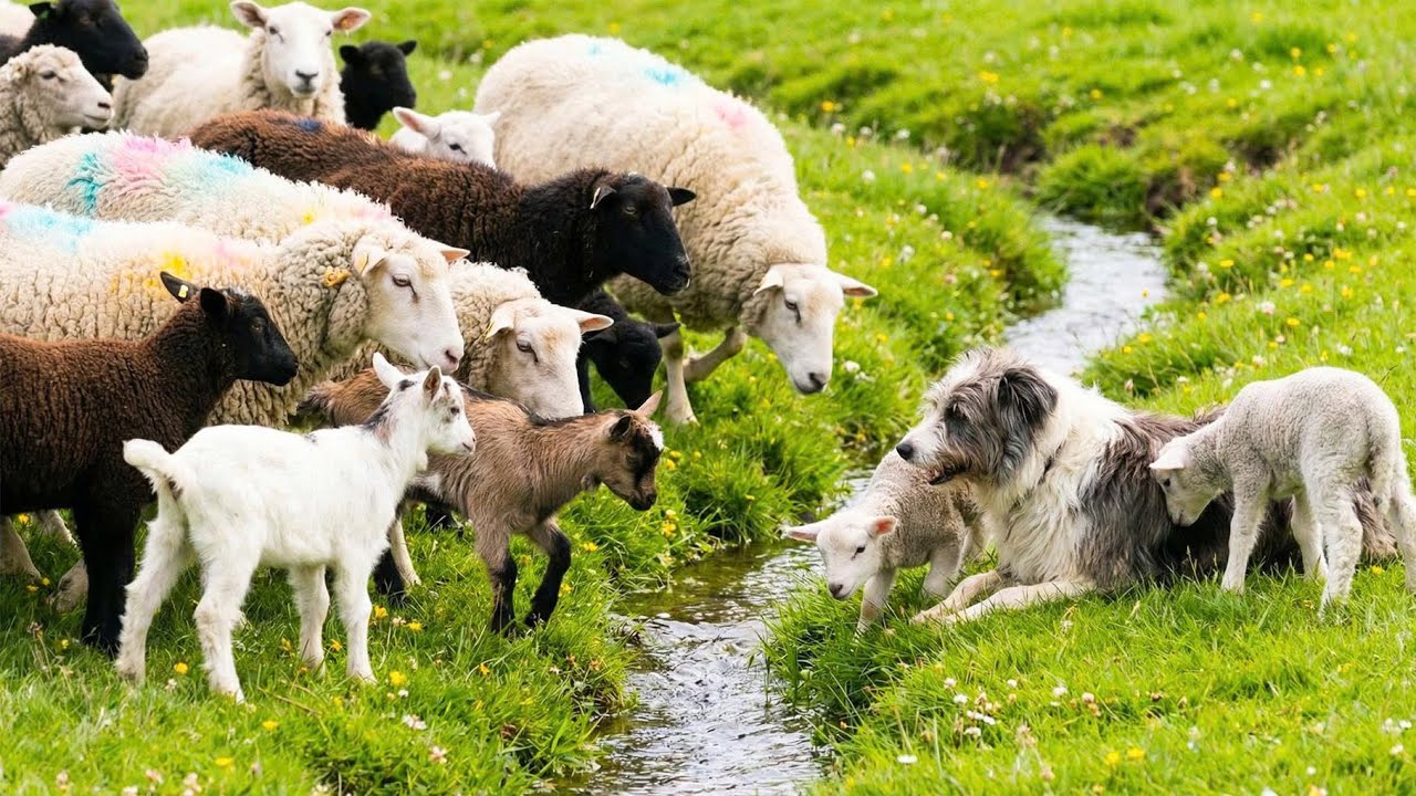 Adorable sheep playing with dogs by the stream - Sounds of sheep bleating - Video of sheep