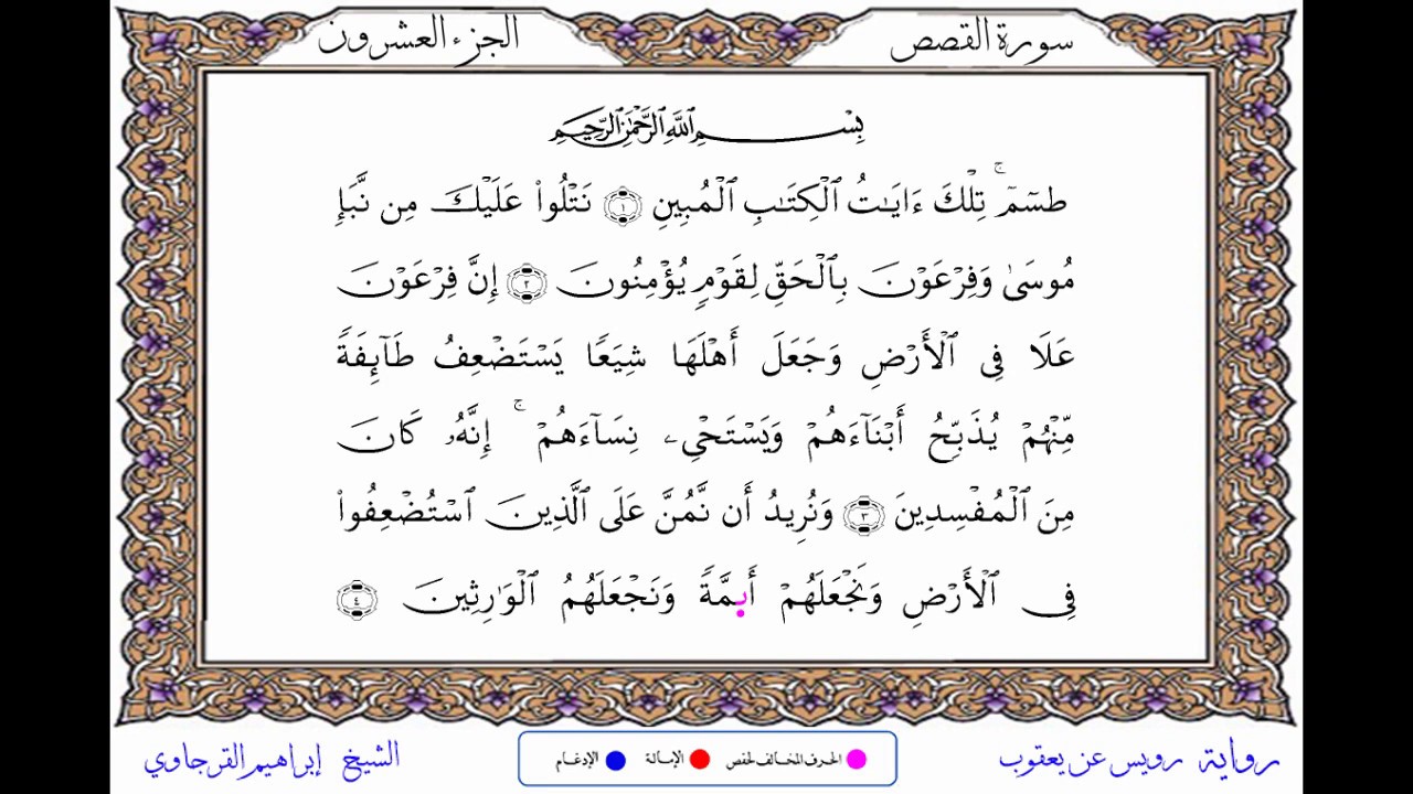 سورة القصص من المصحف المرتل المصور برواية رويس عن يعقوب بصوت الشيخ إبراهيم القرجاوي