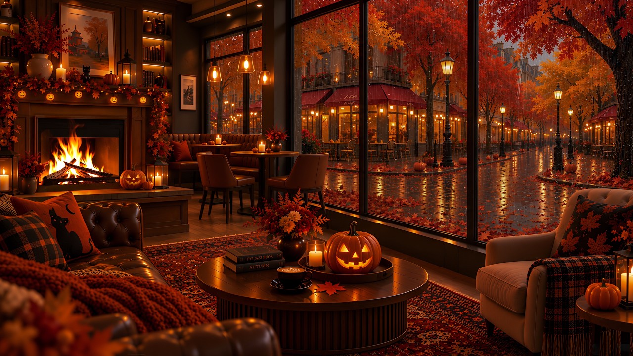 Pumpkin-Lit Fall Jazz Caf&eacute; | Rainy Halloween Streets, Fireplace Glow & Smooth Jazz for Quiet Nights