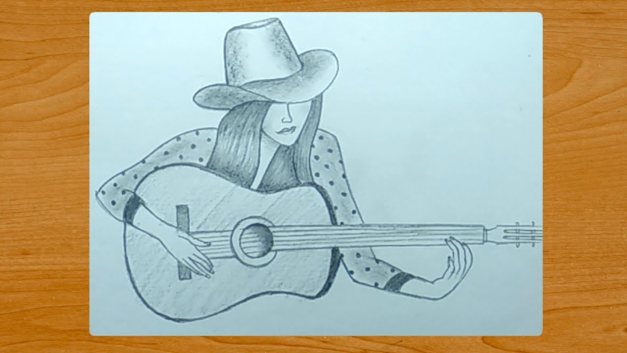 Pencil Drawing A Beautiful Girl With Guitar Easy