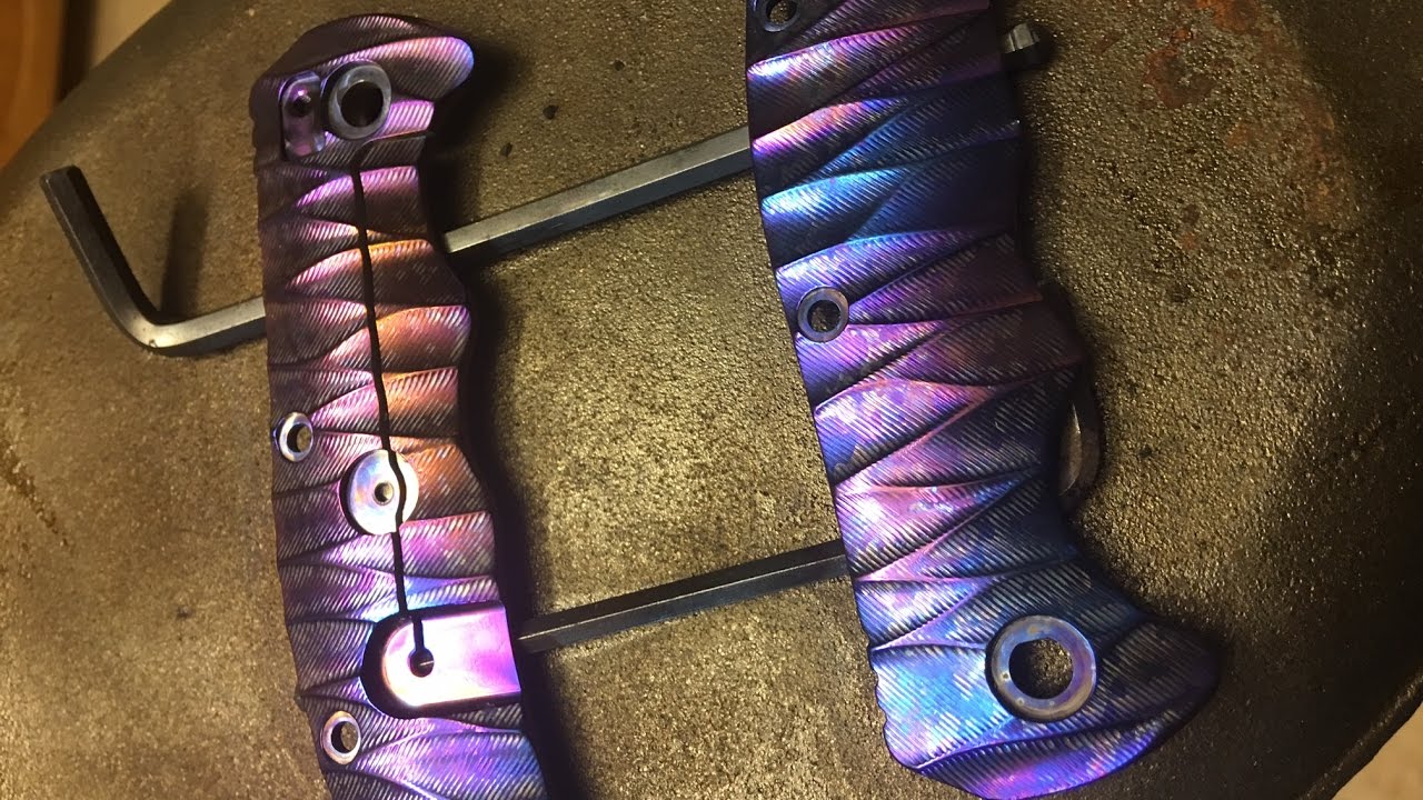 Heat anodizing/coloring titanium knife scales