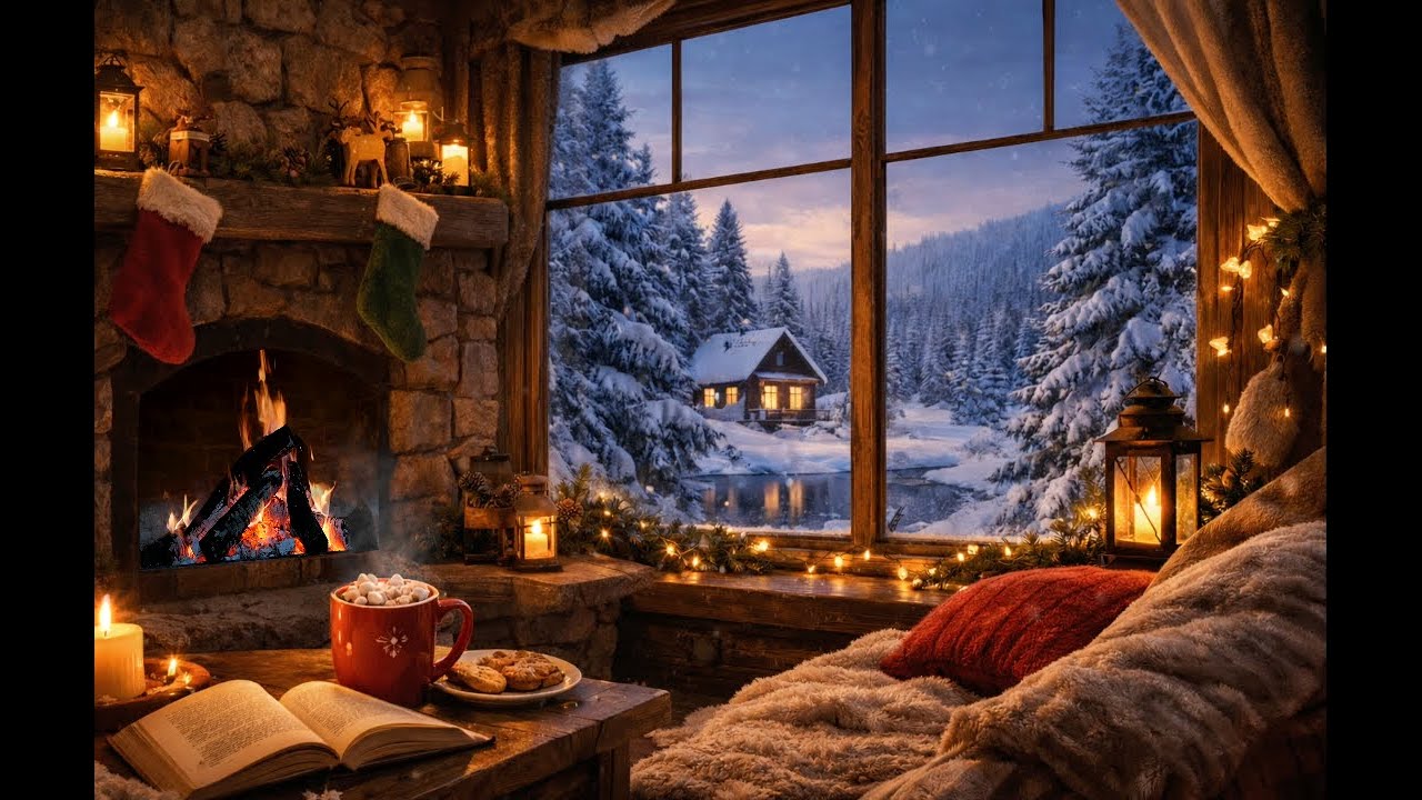 Cozy Winter Cabin with Fireplace & Falling Snow ❄️ 3 Hours of Warm Ambience (4K)