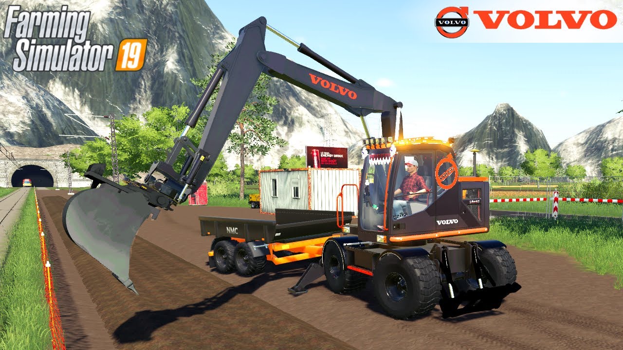 Farming Simulator 19 - VOLVO EW160 EXCAVATOR With A Trailer Digging The Dirt From The Trench