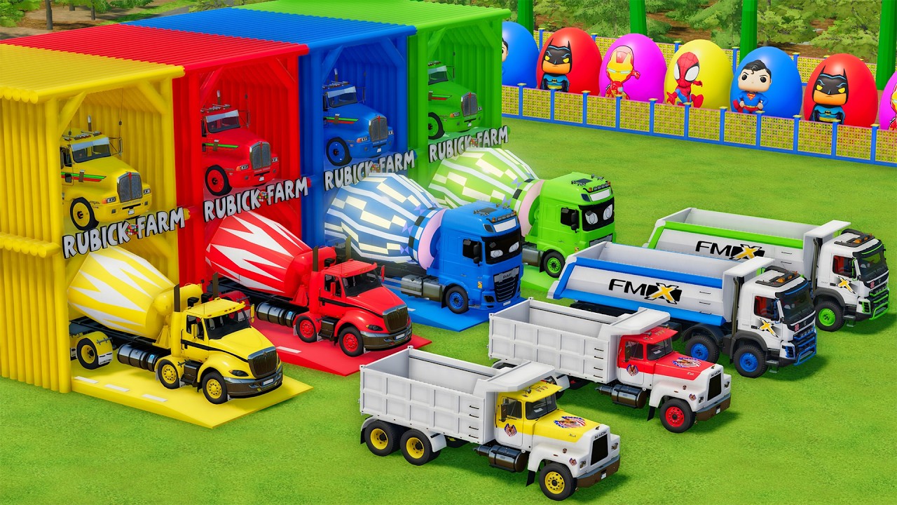 Garage with Colors - ALL MIXER TRUCK WITH DOUBLE FLATBED TRAILER TRUCK, INTERNATIONAL, MACK, VOLVO