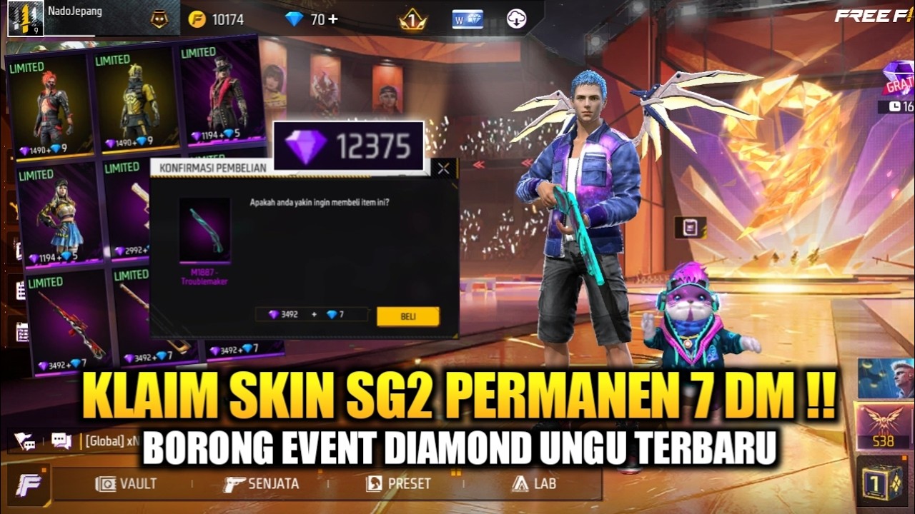 SAYA KLAIM SG2 M1887 TROUBLE MAKER PERMANEN CUMA 7 DM! BORONG EVENT DIAMOND UNGU FF