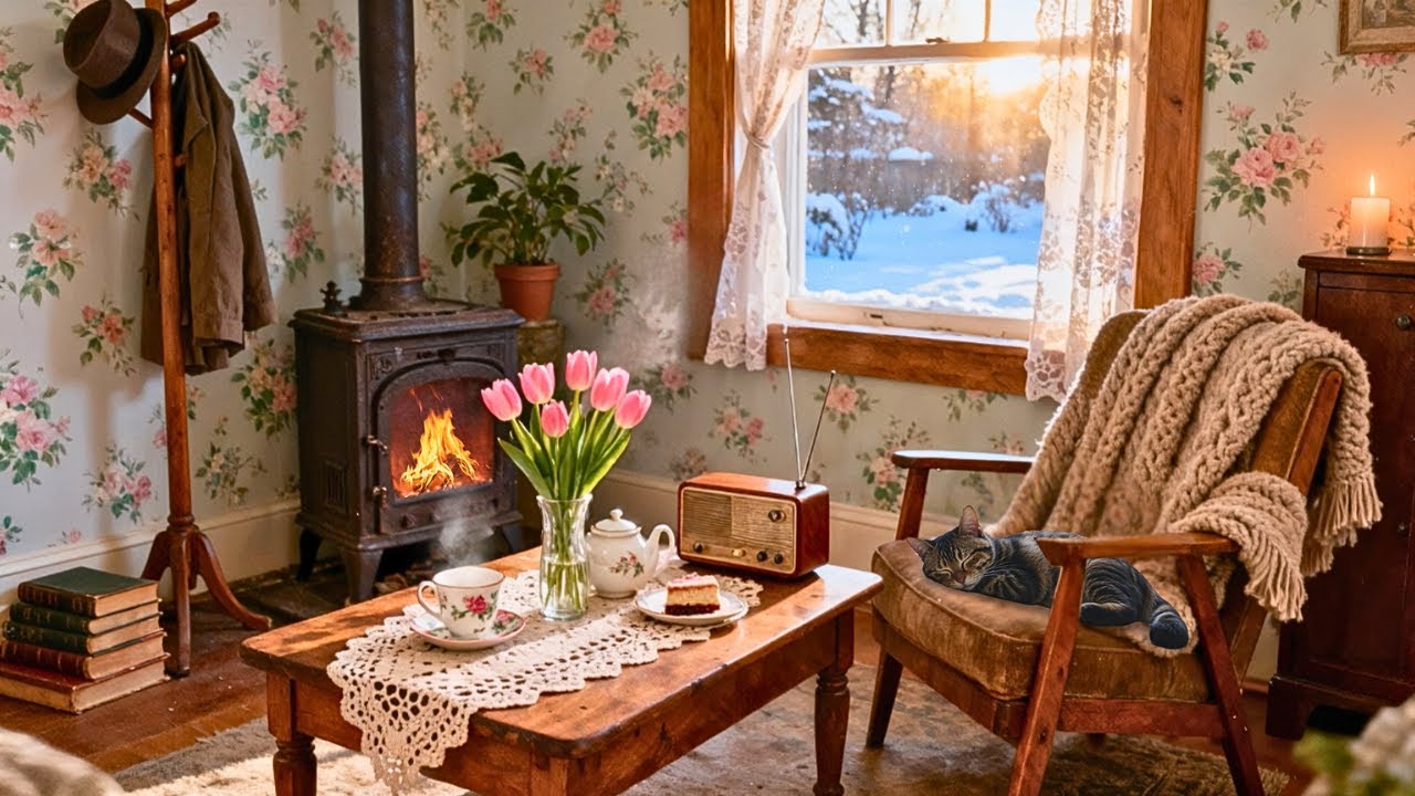 Peaceful 1950s Winter Morning ❄️ Oldies Playing in Another Room | Cozy Fireplace Crackle