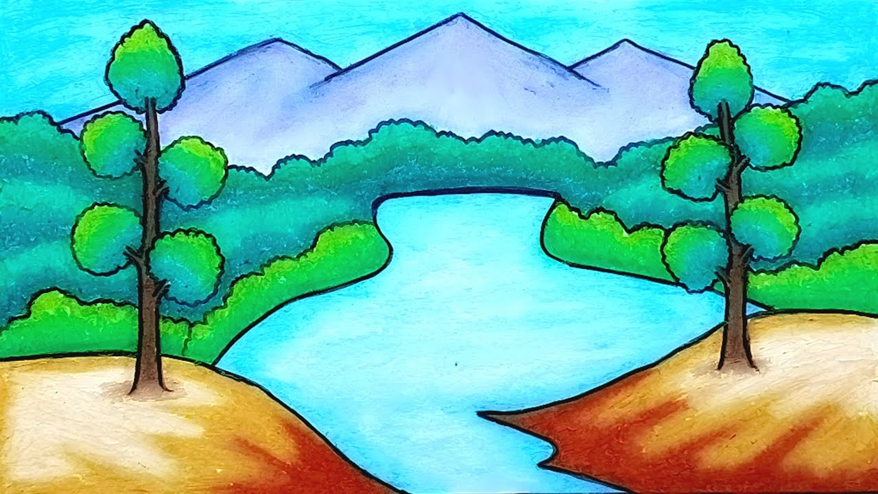 Gambar Pemandangan | Cara Menggambar Pemandangan Gunung dan Danau di Hutan Tropis Dengan Oil Pastel