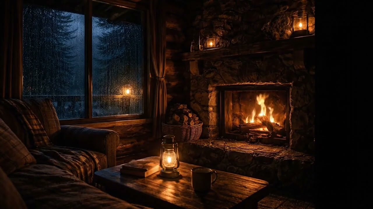 Rain Sounds for Sleep | Cozy Cabin Fireplace at Night | Rain & Fire Ambience (4 Hours)