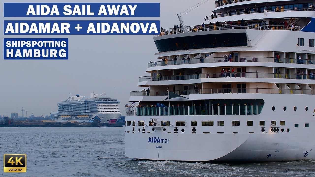 AIDAmar und AIDAnova - Auslaufen aus dem Hamburger Hafen mit Schiffshorn und Drehmanöver re-live