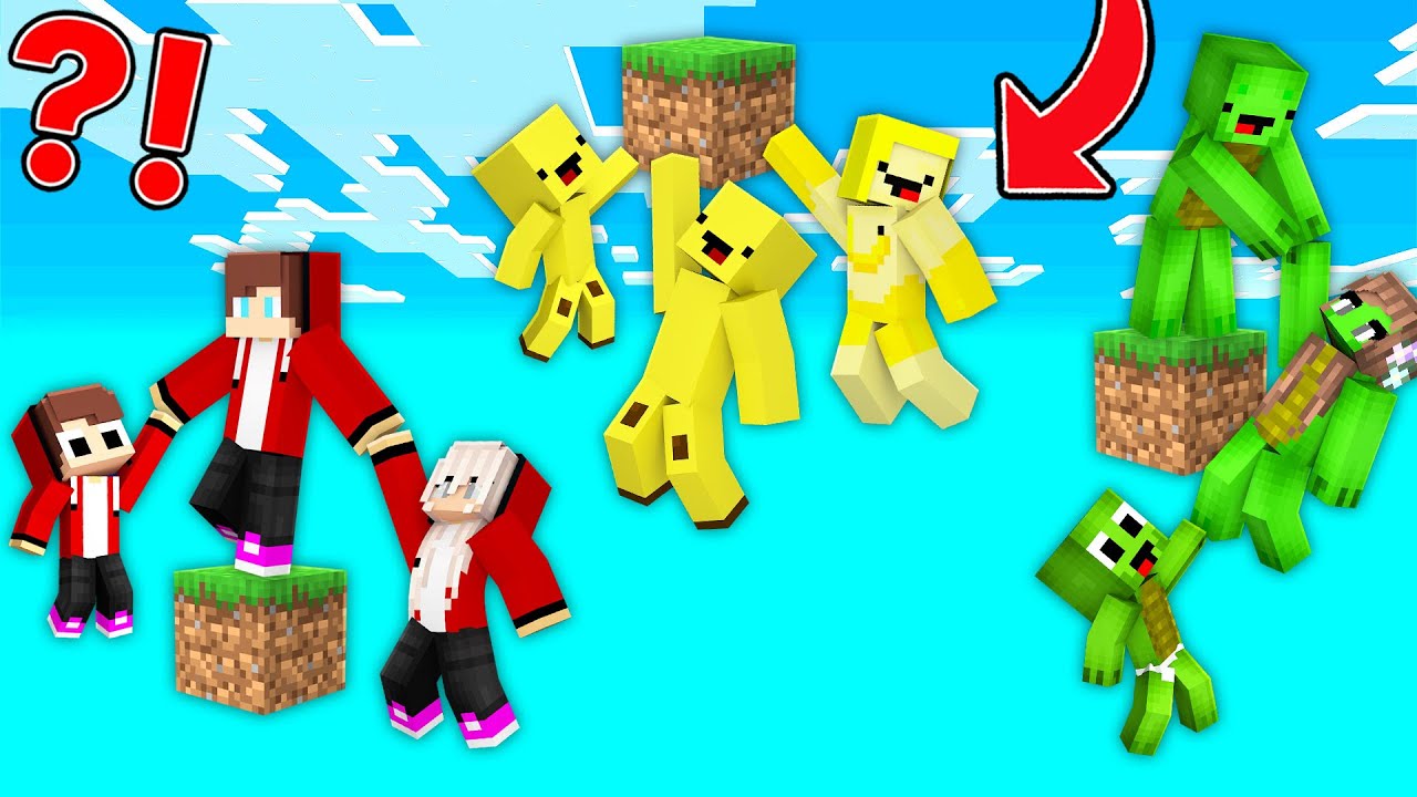 JJ Family vs Mikey Family vs Banana Kid Family on ONE BLOCK Survival in Minecraft! (JJ and Mikey TV)