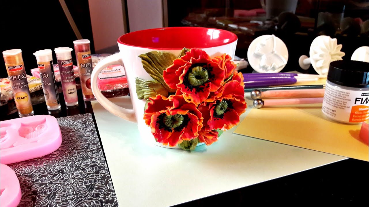 Polymer Clay For Beginners / Beautiful Flowers On Mug/ Fimo Poppy DIY Tutorials - Part 1