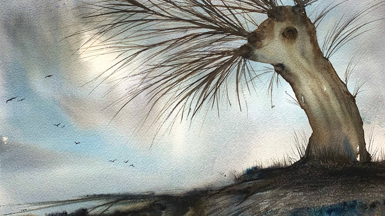 Willow Tree in Moonlight, Watercolor Painting Ideas, Beautiful & Atmospheric Watercolour Landscape