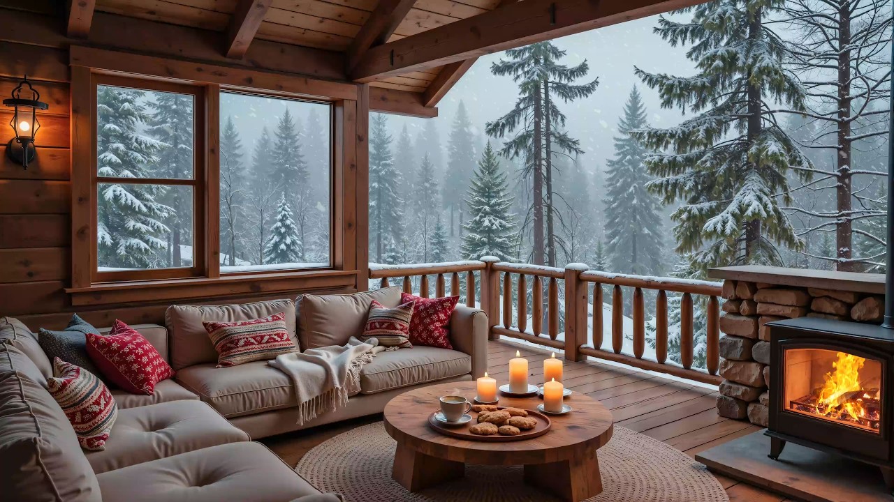 Peaceful Fireplace & Gentle Piano Music ❄️🔥 Cozy Winter Porch Ambience for Deep Sleep