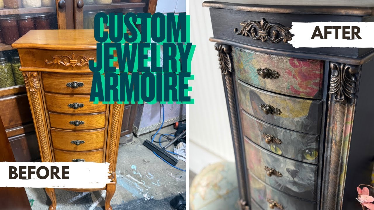 Jewelry Armoire Makeover | Blended Blue Finish & Decoupage Over Curves