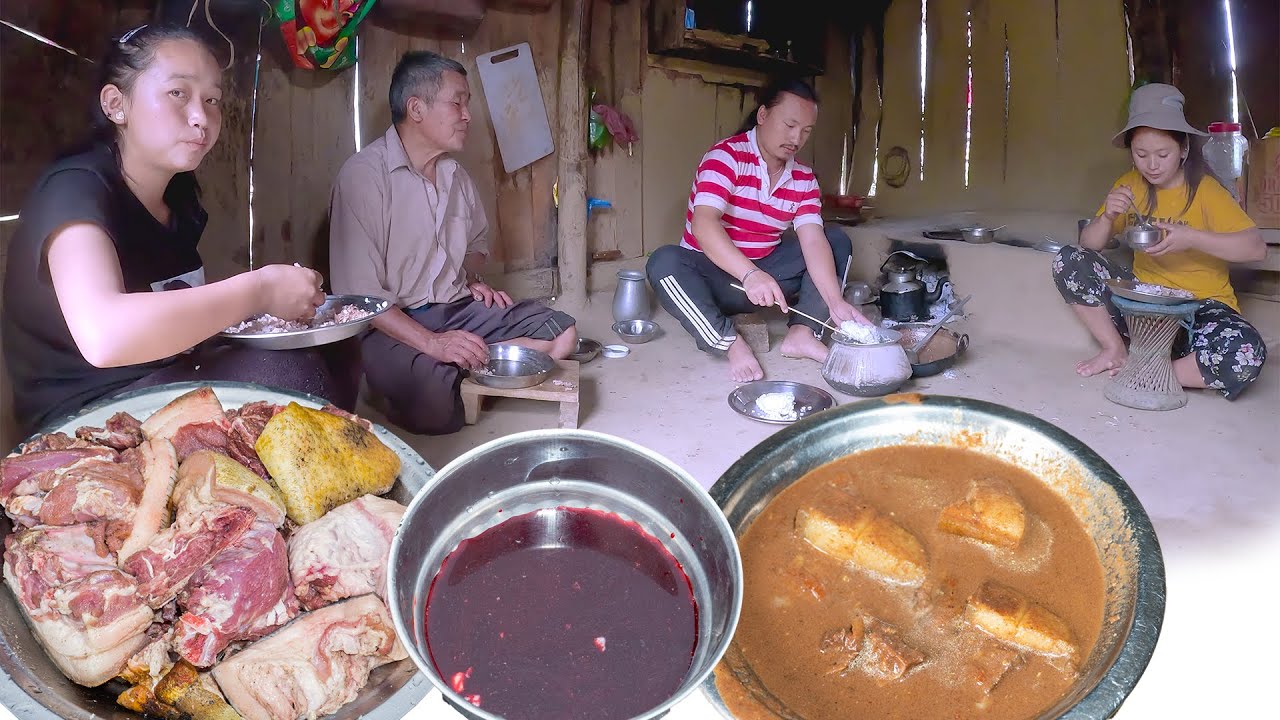 Pork Meat & Blood mix curry cooking & eating in village kitchen || Our Traditional style pork making
