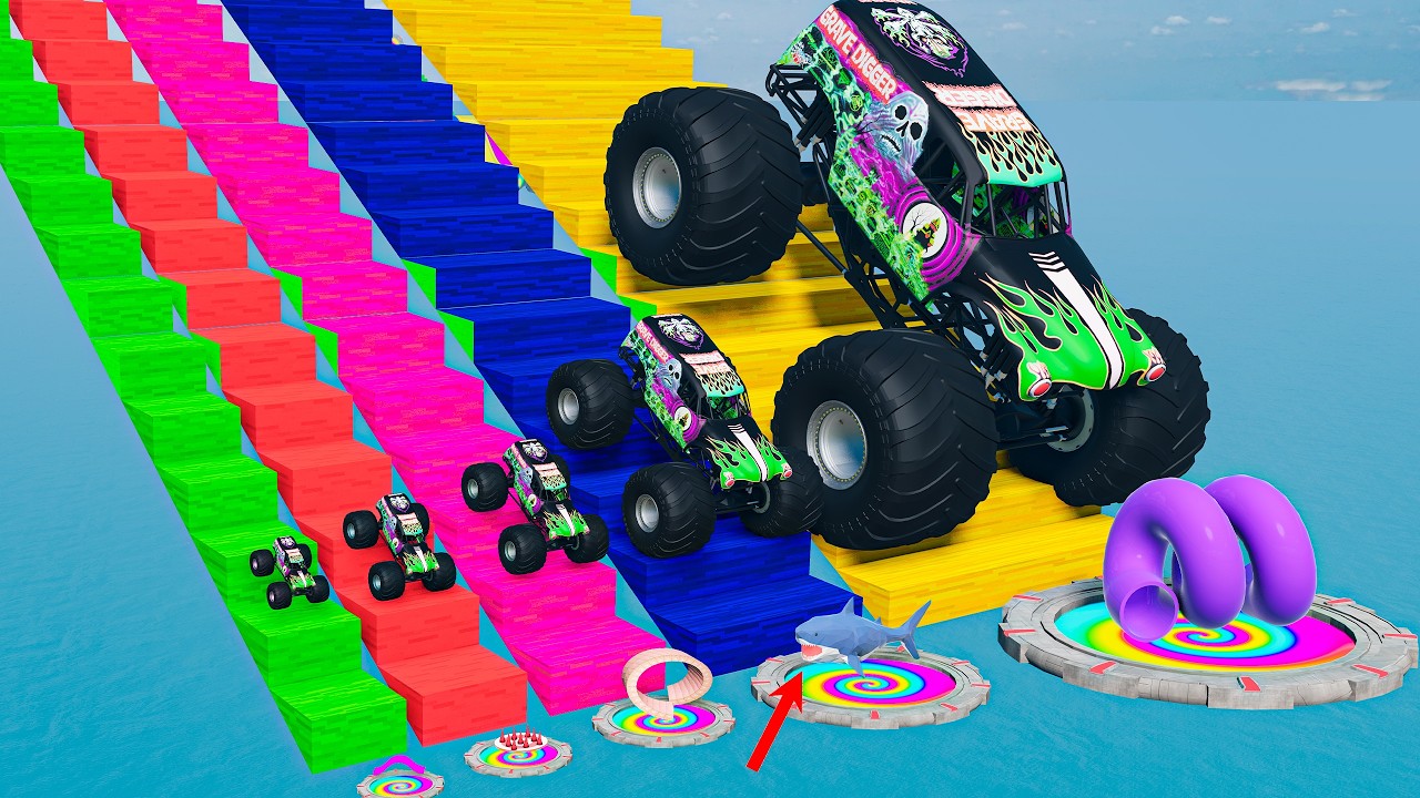 5 Big and Small Grave Digger VS Portal Trap - BeamNG Monster Truck Crashes
