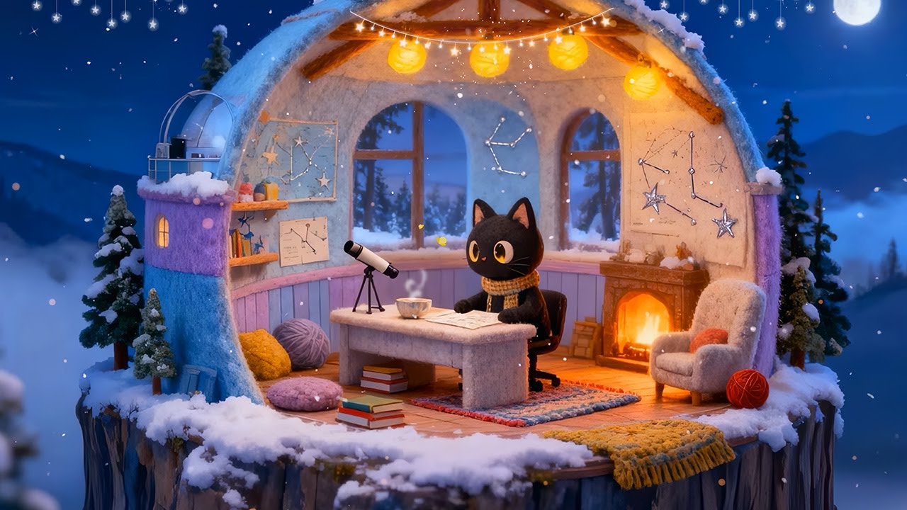 Stargazing Night With Cat 🔭 Lofi Music for a Snowy Night ❄️ Cozy Beats to Relax To