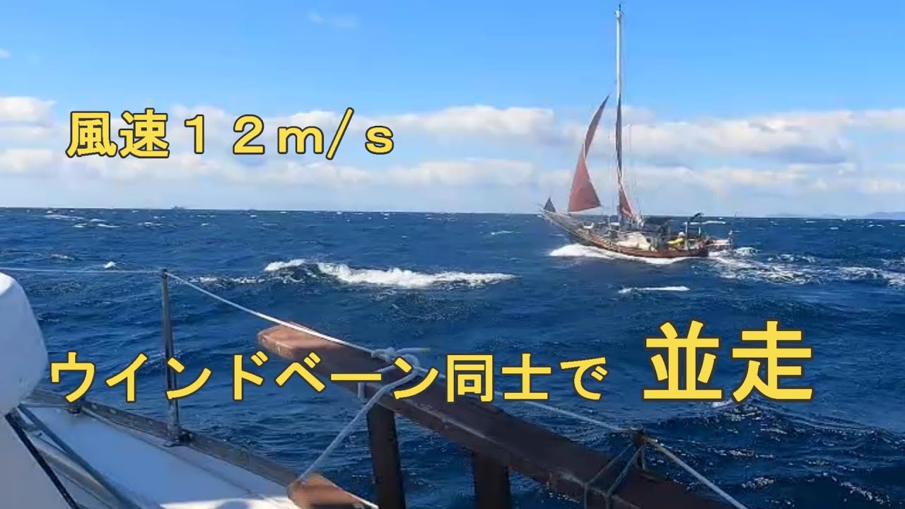 希少ヨットと強風で並走、ファルマスカッター２２とウインドベーン同士で　WV48