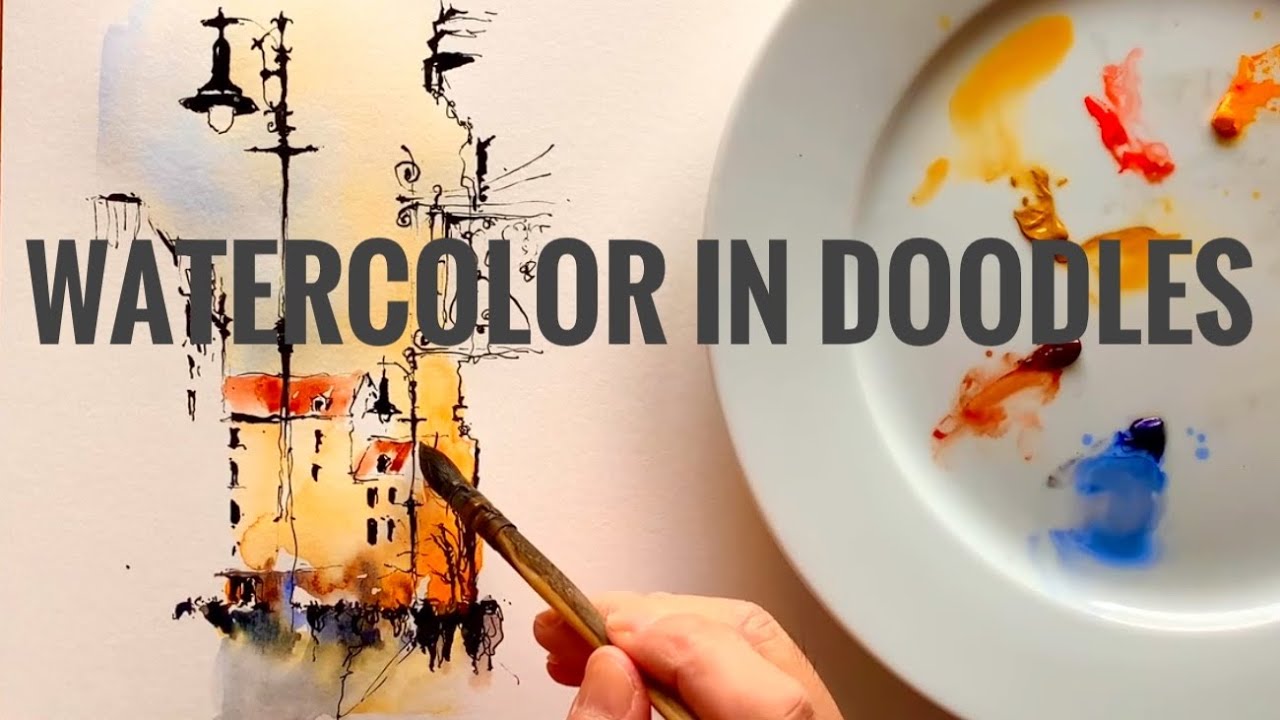 Watercolor in sketch doodles/Urban Sketching Learning Video/Loose style Ink and watercolor