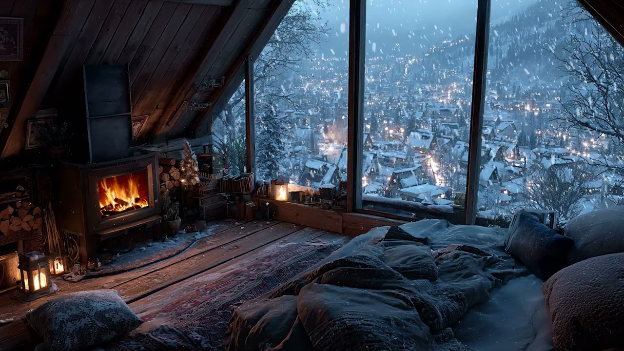 Calm Indoor Winter Ambience with Snow Outside the Window | Deep Sleep Music for Quiet Nights