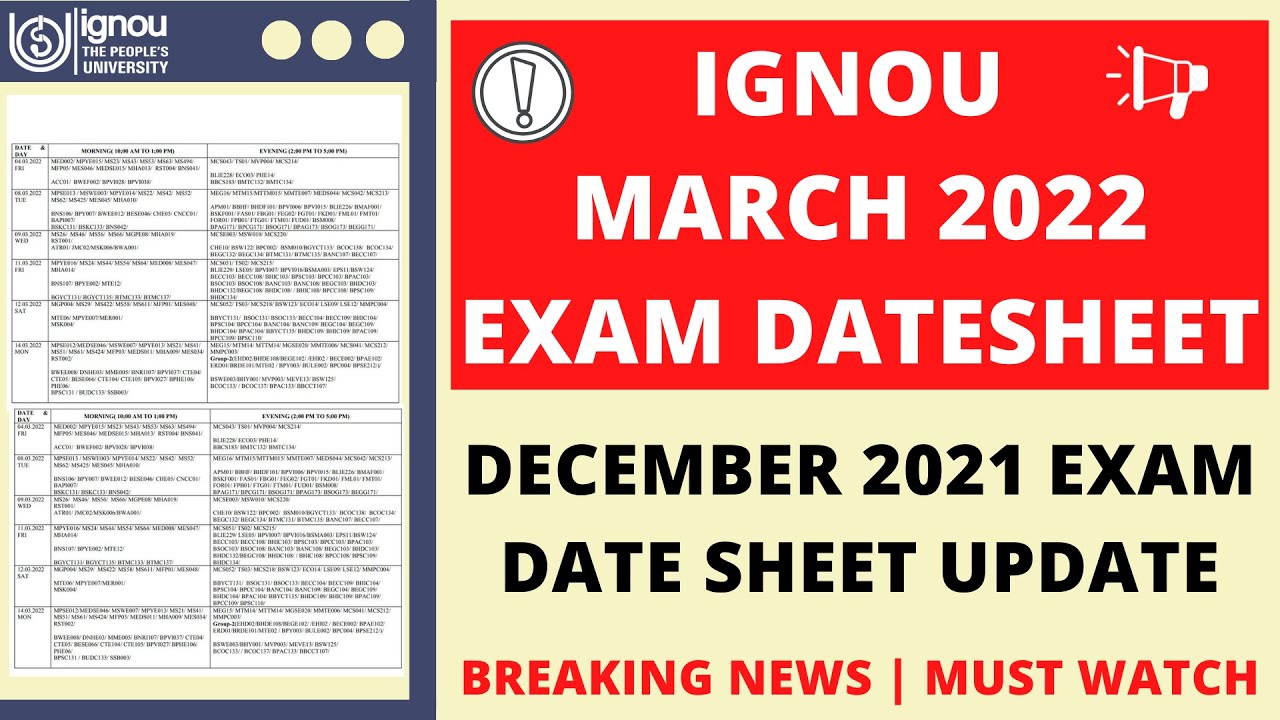 IGNOU March 2022 Exam Date Sheet | December 2021 Exam Date Sheet Update | Breaking News | Must Watch