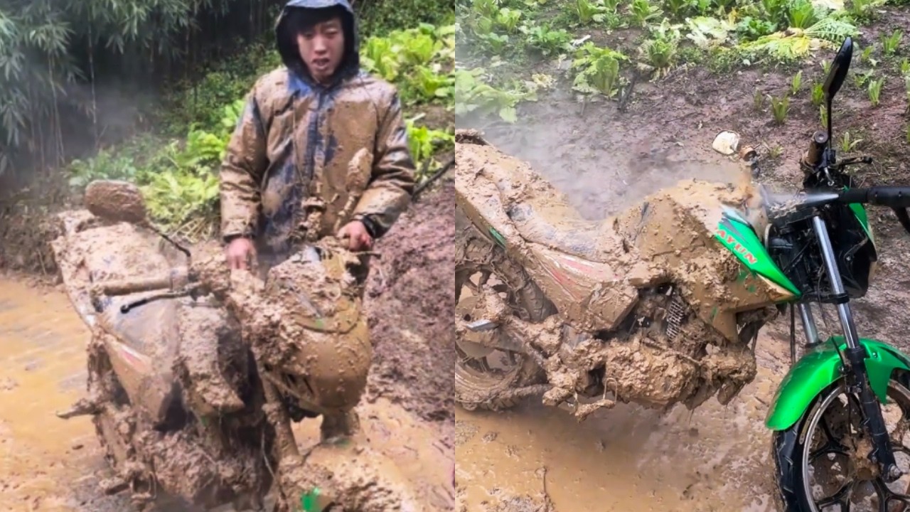 The Poor Motorcyclist Fell Into A Mud Pit And Was Violently Washed Away!#positiveenergy #adventure