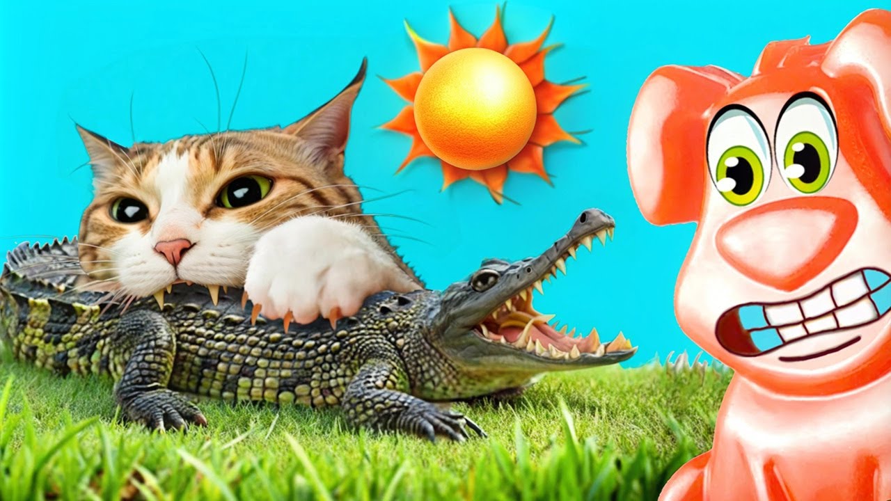 Котик откусил хвост крокодила. Желейный Стасик угощает животных вкусняшками.