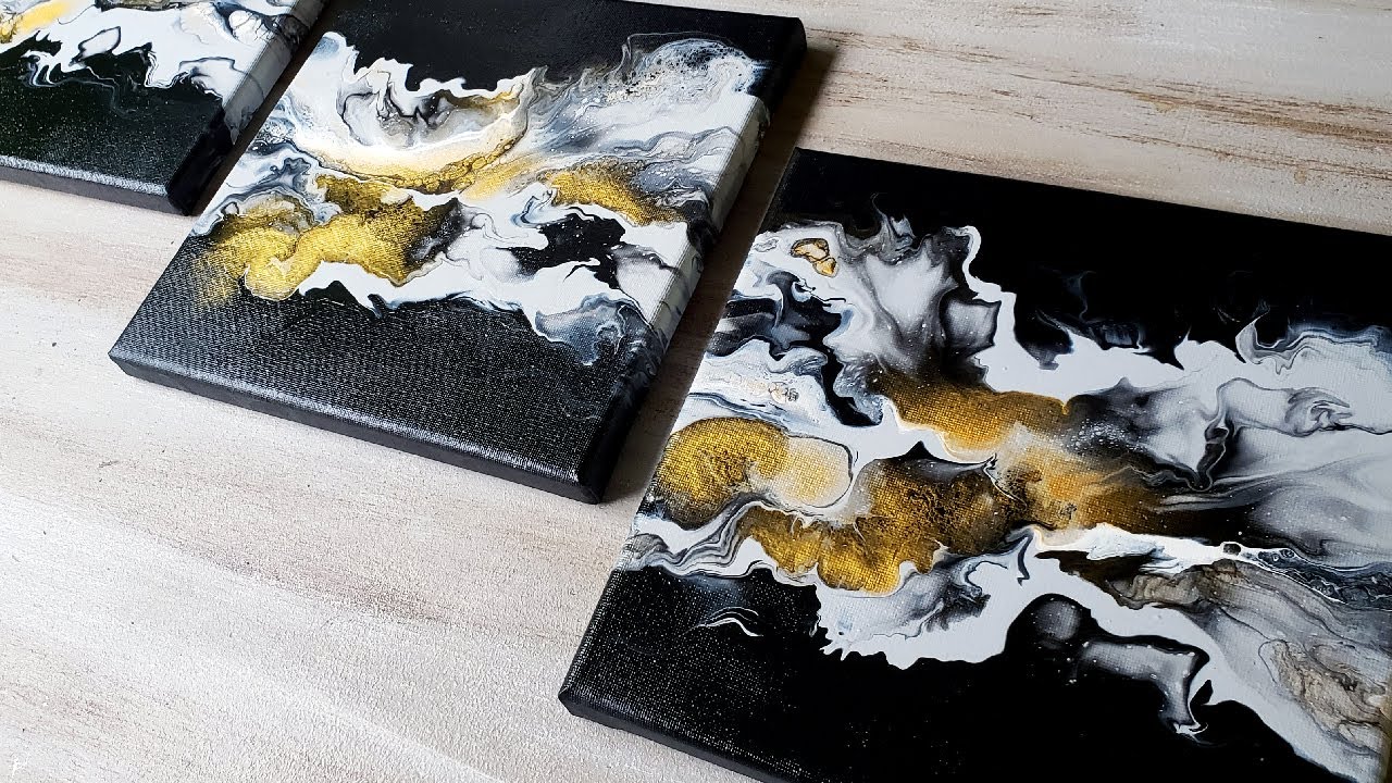 BLACK/WHITE/GOLD Dutch Pour Painting - Triptych Acrylic Fluid Art