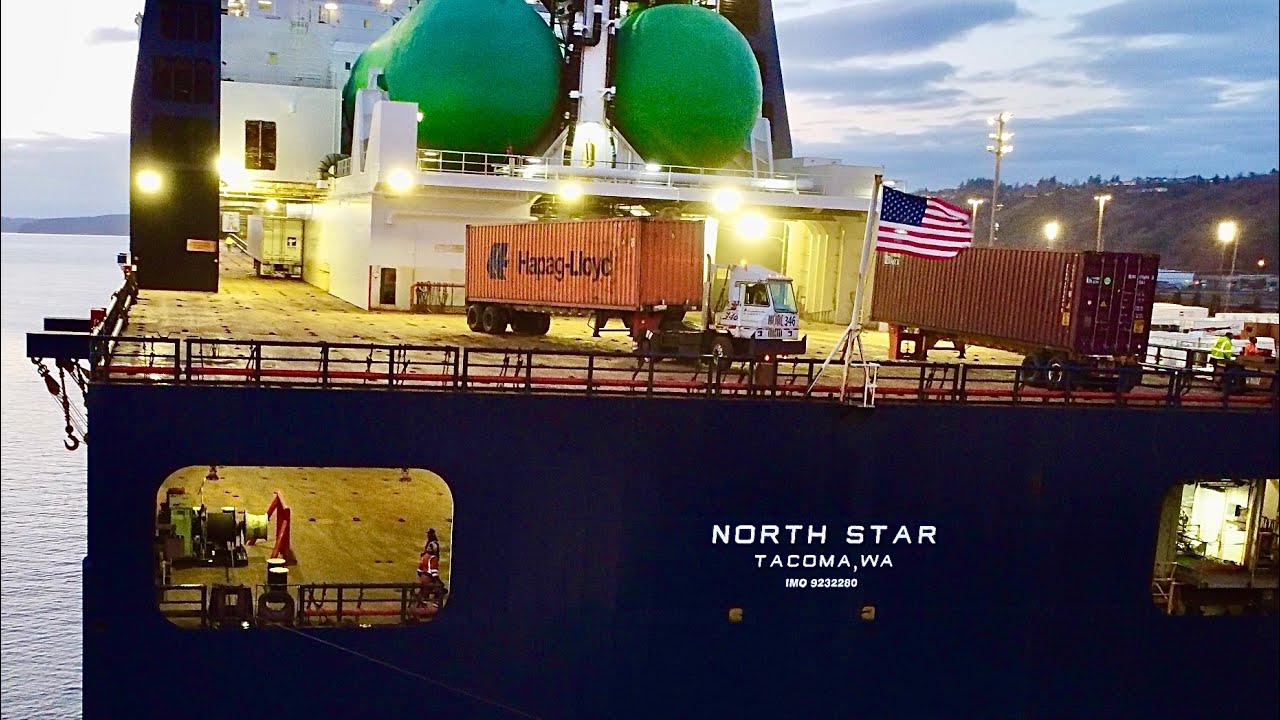 Port of Tacoma TOTE Maritime Alaska Cargo Ship SunSet - 4K Drone Footage Available