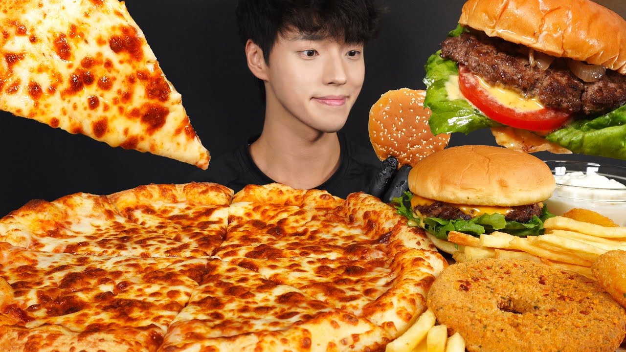 ASMR MUKBANG PIZZA & BURGER & FRIES & HOT CHEESE RINGS