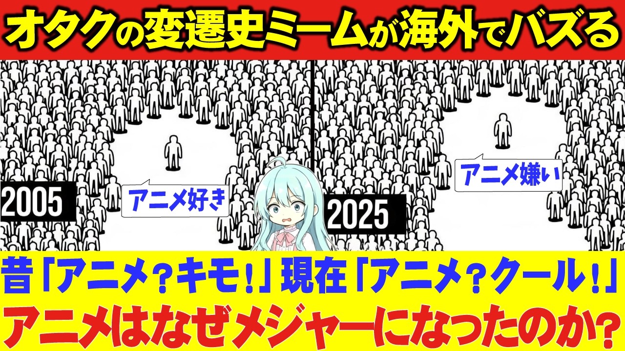 【海外の反応】20年前「アニメ好き」←「キモツ！」現在「アニメ嫌い」←「キモッ」迫害から称賛へ：ミームで見るオタクの変遷史
