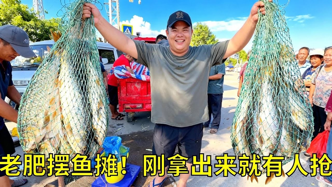 老肥刚把鱼摆上摊就炸了！大家闻声冲过来疯狂挑鱼，没几分钟就卖大半 【农人老肥】