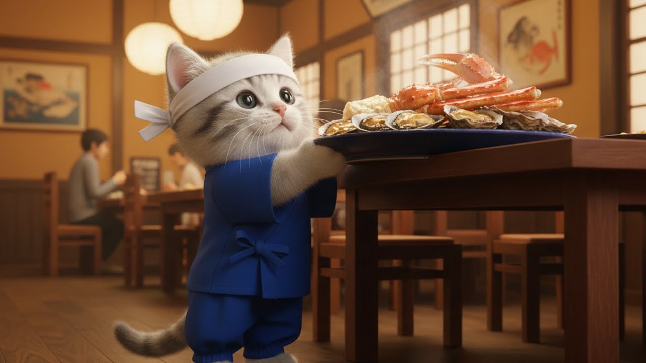 へいらっしゃい!!海鮮レストランでお手伝い!!ねこの一日に密着🐱🦐