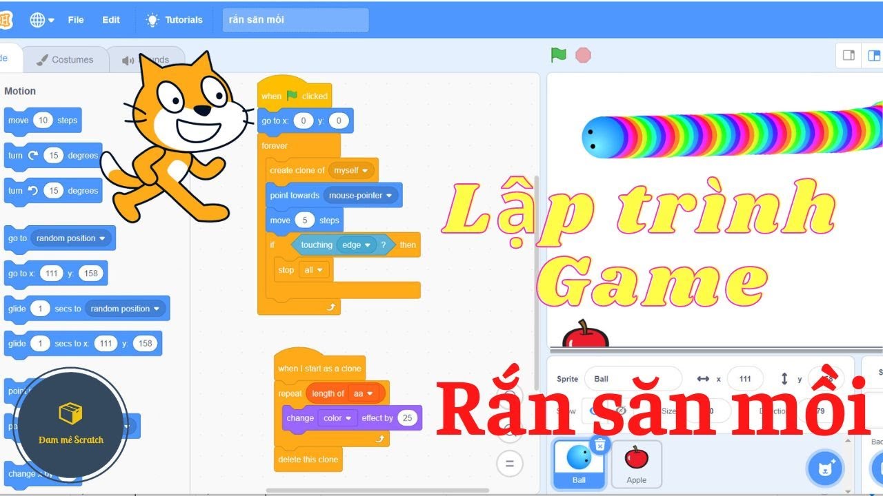 Scratch// Lập tr&igrave;nh game rắn săn mồi//  nu&ocirc;i rắn