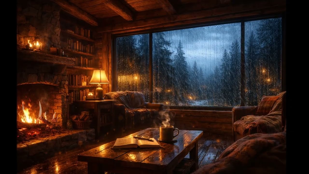 Cozy Rainy Cabin Night – Fireplace & Rain Sounds for Sleep and Relaxation (4K)