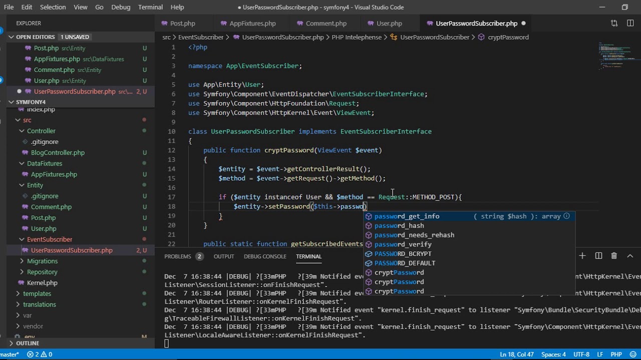 symfony ep18 EventSubscriber and Password Hashing