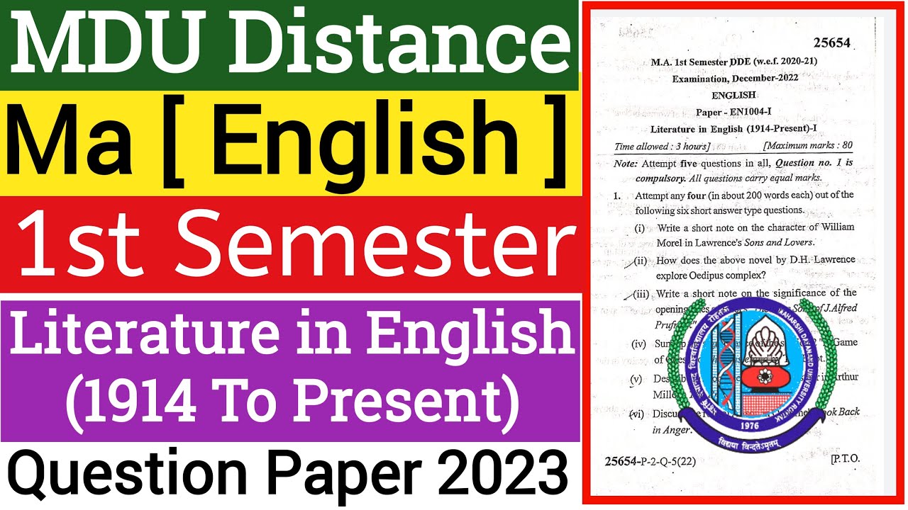 Mdu Ma Distance Literature in English (1914 to present) 1st Semester Question Paper 2023 | Mdu Help
