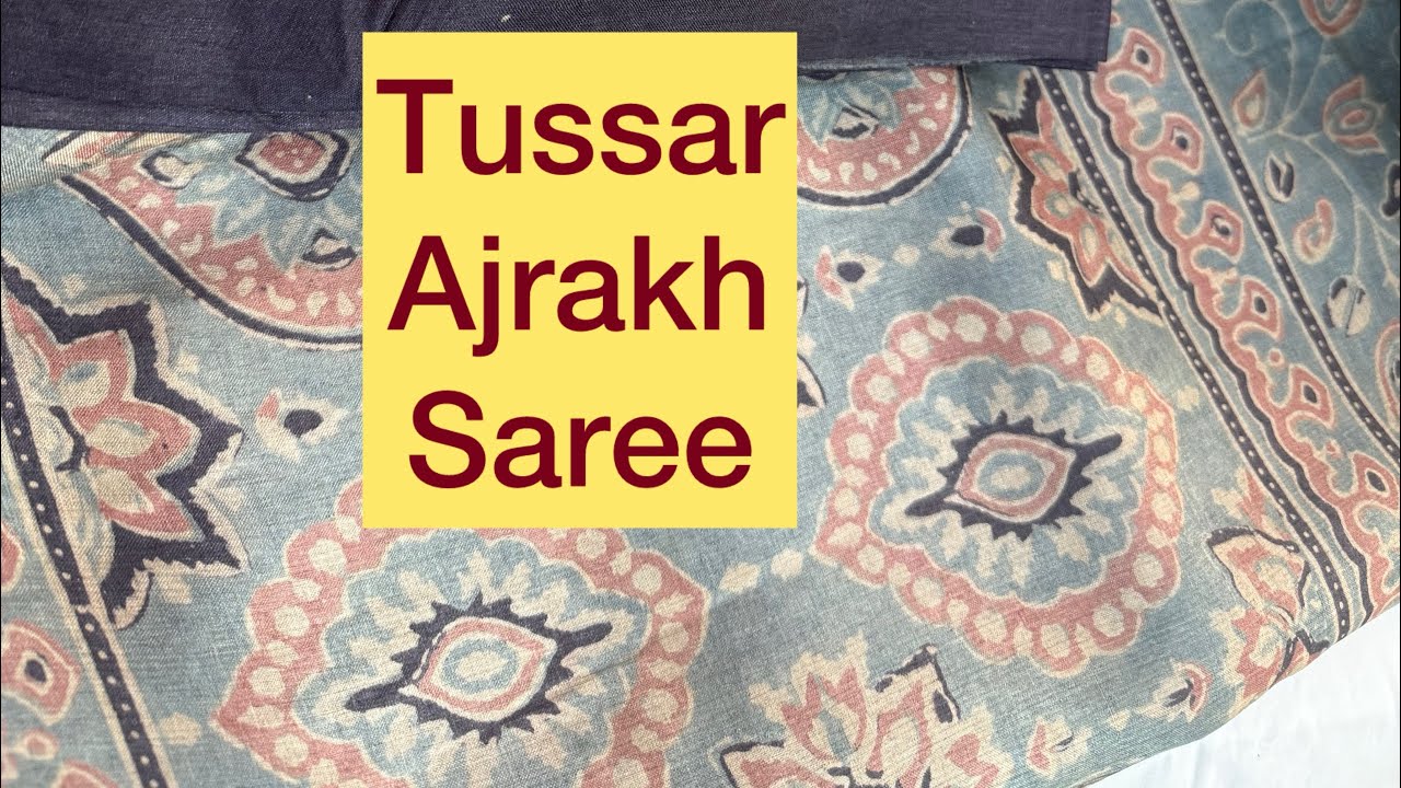 Ajrakh Hand-Block Printed Pure Tussar Silk Saree.