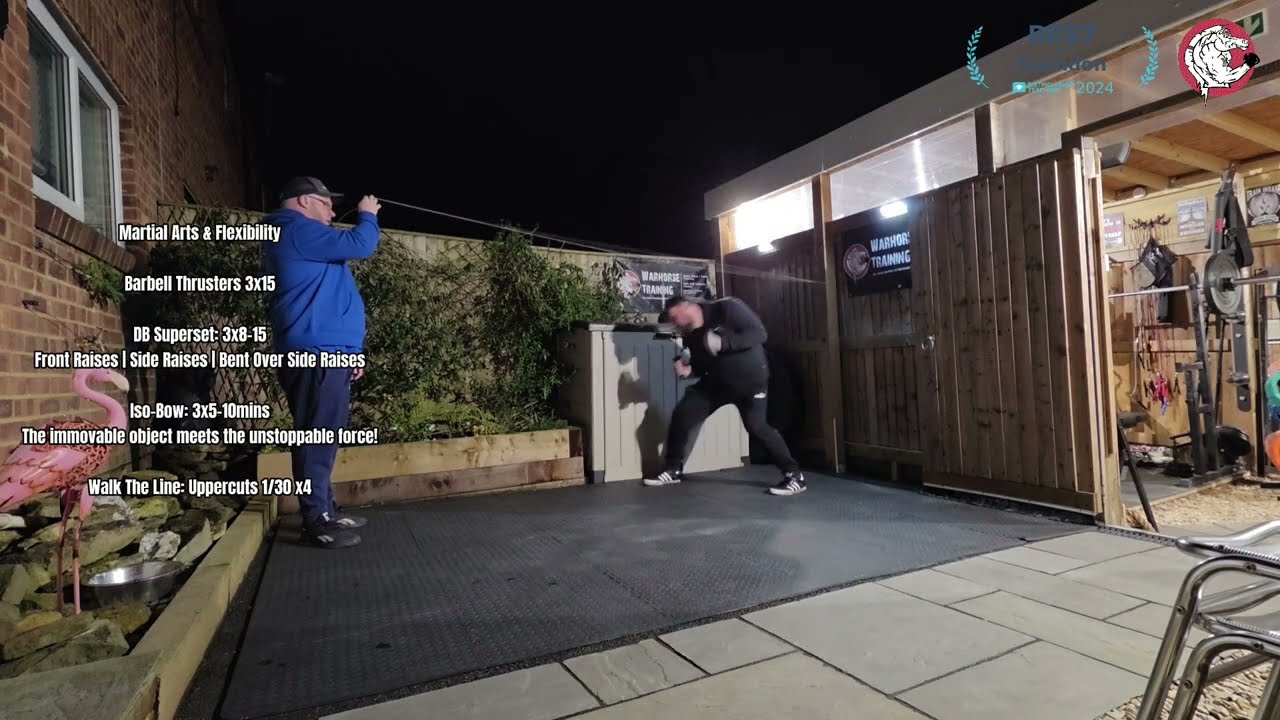 Martial Arts & Flexibility: Barbell Thrusters, DB Superset, Iso-Bow & Walk The Line: Uppercuts