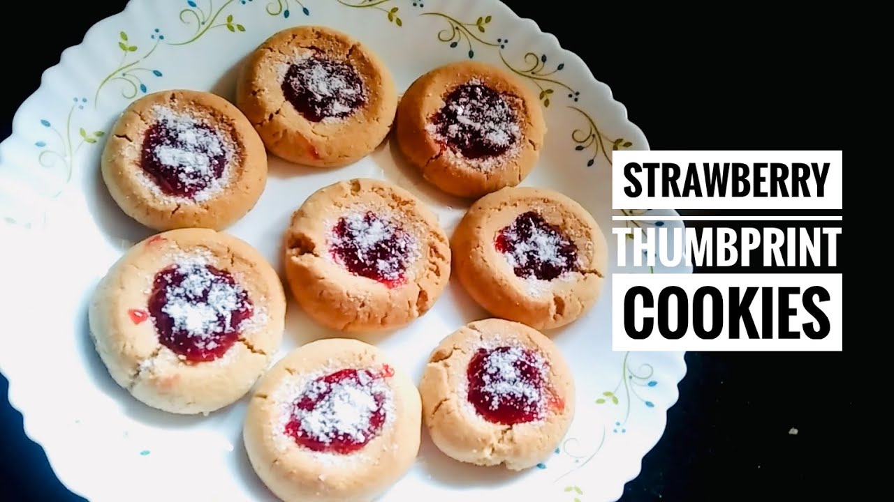Strawberry Thumbprint Cookies (Eggless) | Jam Filled Christmas Cookies | Christmas Dessert Recipe