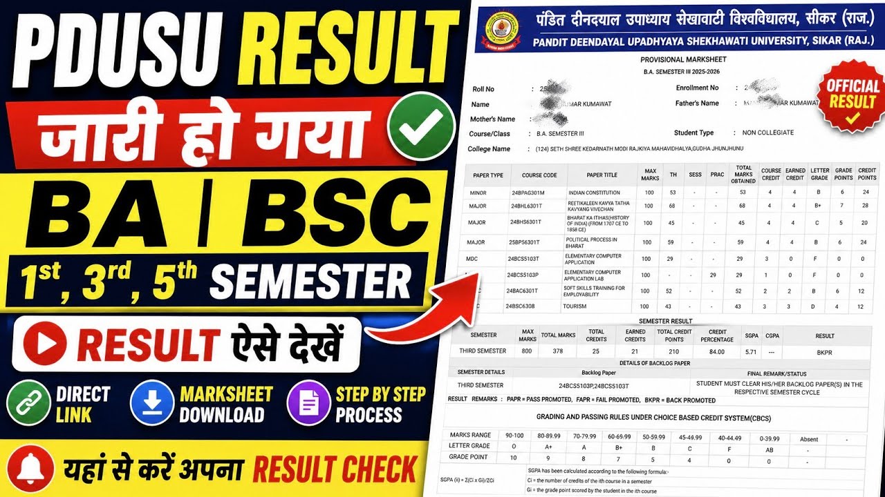 PDUSU BA BSc 1st, 3rd & 5th Semester Result 2026 जारी | Result कैसे देखें? Direct Link 