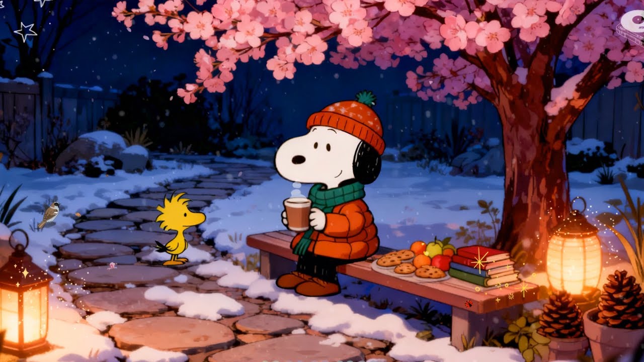❄️☕ Snoopy Calm Winter Night | Cherry Blossom Snow & Cozy Lantern Reading Ambience
