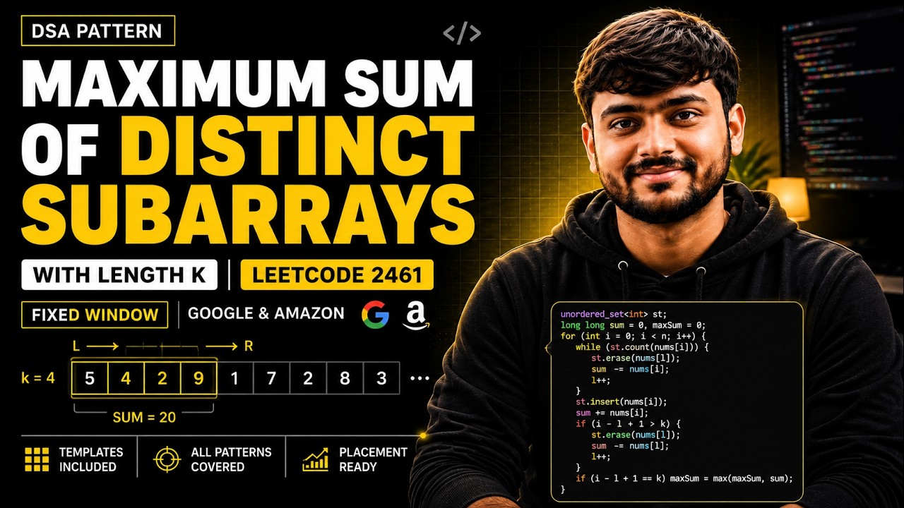 L1. Maximum Sum of Distinct Subarrays With Length K | Fixed Size | Sliding Window Technique