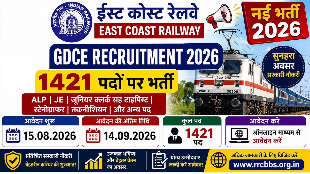 East Coast Railway GDCE Recruitment for 1421 ALP, JE  #job #jobskaro #biharjobs #jobs #rrb #rrbntpc