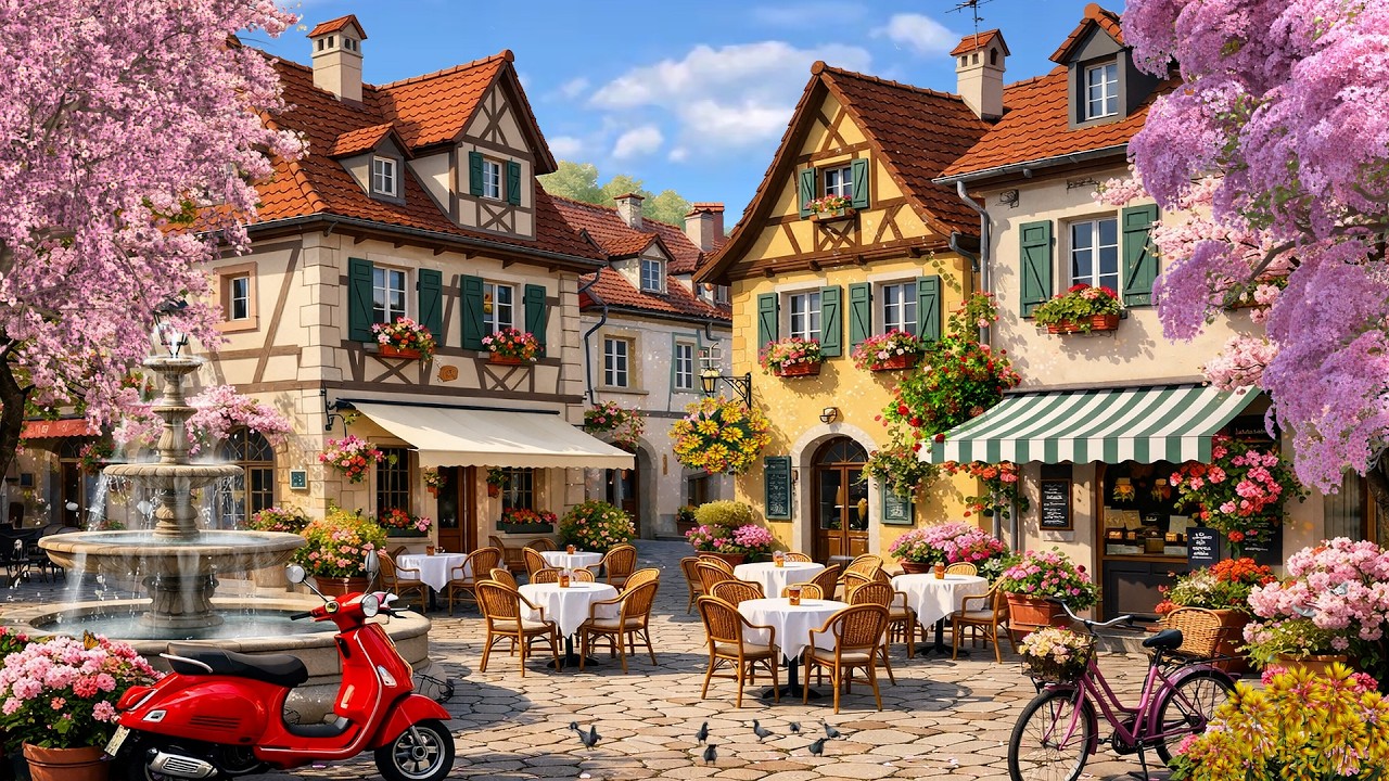 Cozy Spring Café in a European Village 🌸 Fountain Sounds & Peaceful Outdoor Ambience