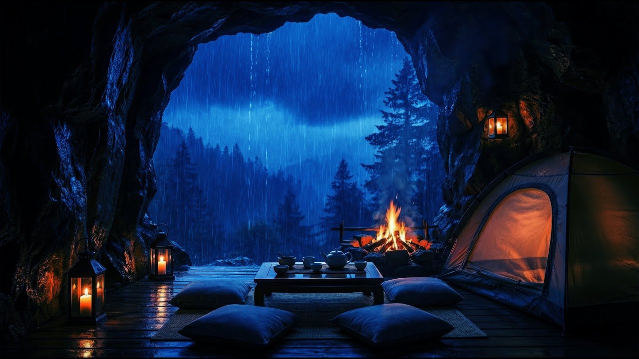 HEAVY NIGHT RAIN IN CAVE AMBIENCE FOR DEEP SLEEP - RELAXING RAIN SOUNDS & STRESS RELIEF