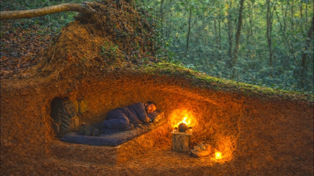 Building a Secret Dugout shelter Under Fallen Tree Root | Bushcraft, survival