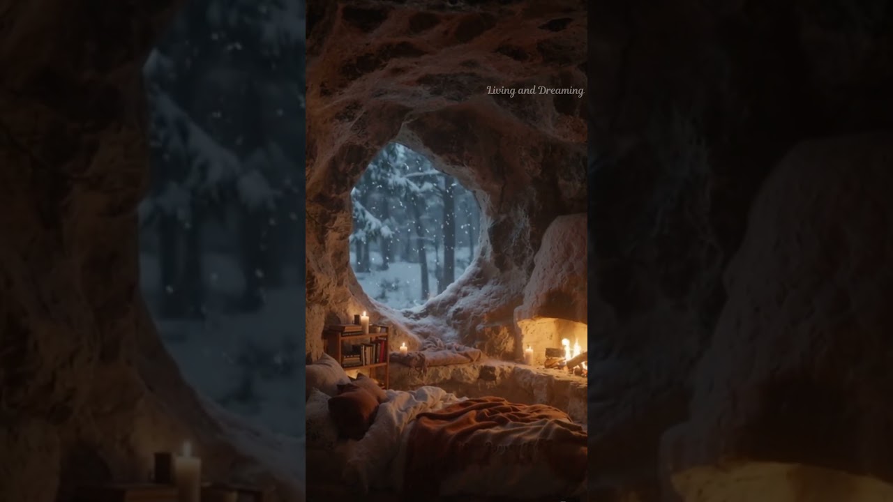 Cozy Cave Bedroom in Winter ❄️ | Fireplace, Snowfall & Windy Night Ambience
