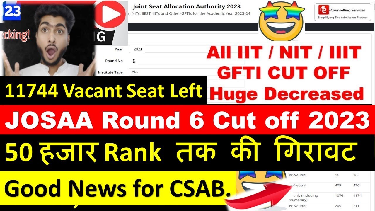 My JOSAA Round 6 cut off 2023 , My JOSAA Round 6 seat allotment Result 2023, CSAB Seat Matrix 2023