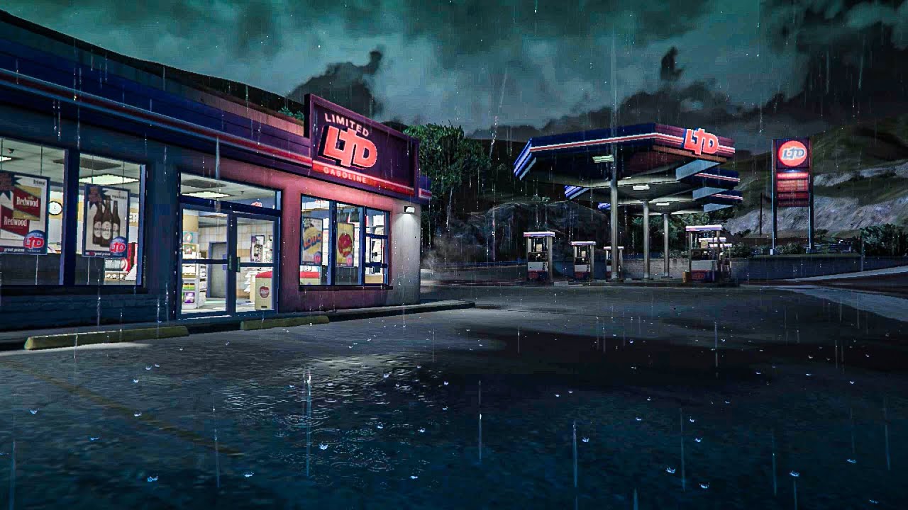 2 HOUR Raining Ambience on Gas Station with Convenience Store | Raining Ambience for Sleeping | GTAV